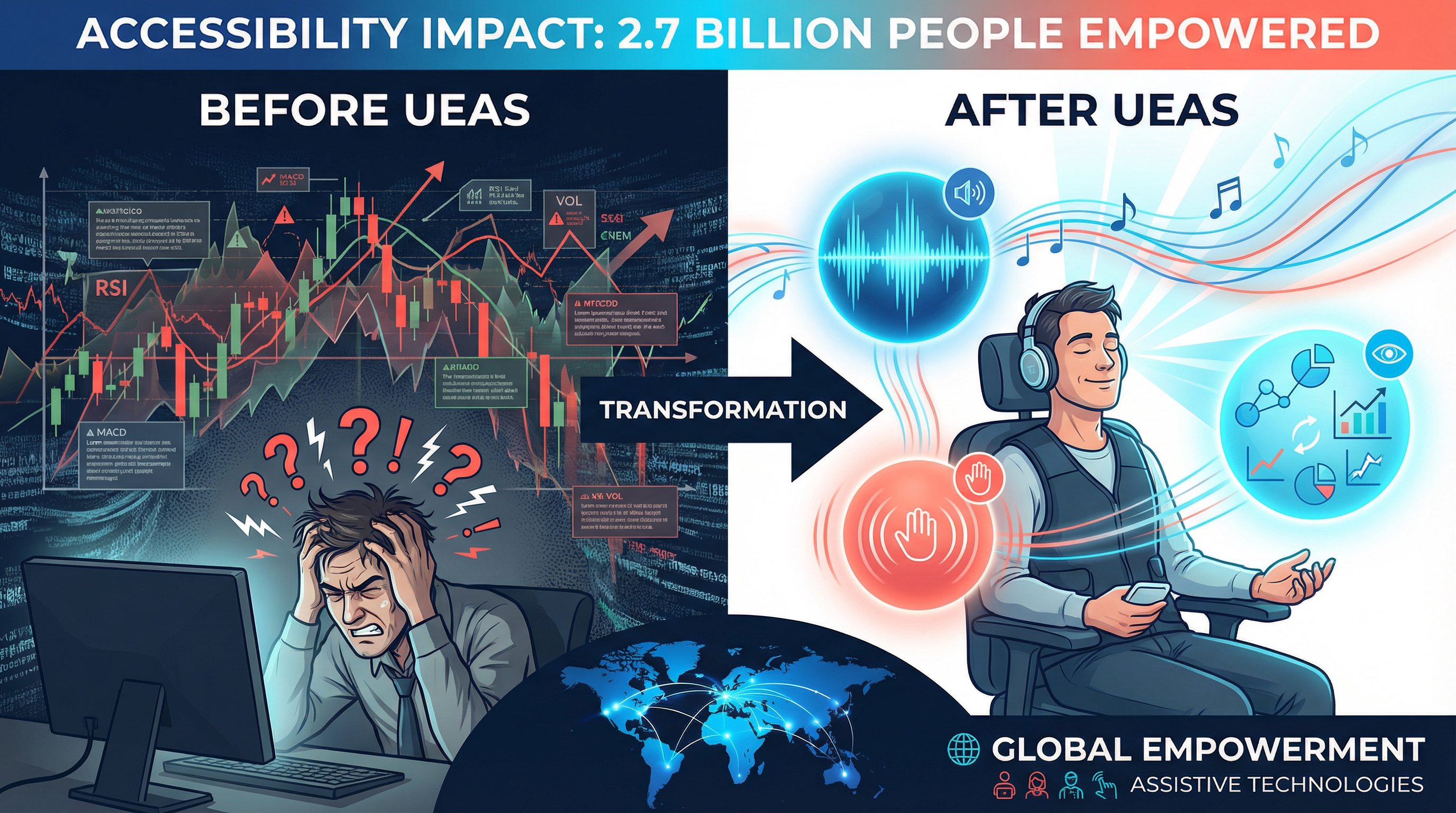 Accessibility Impact: Before UEAS shows stressed person overwhelmed by chaotic financial charts. After UEAS shows relaxed person experiencing calm multi-sensory economic data through audio, haptic, and visual channels. 2.7 billion people empowered globally.