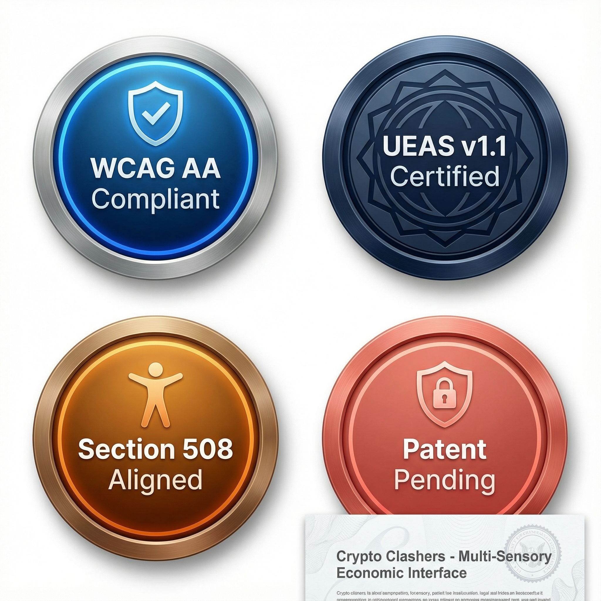 UEAS Compliance Badges: WCAG AA Compliant, UEAS v1.1 Certified, Section 508 Aligned, Patent Pending for Crypto Clashers Multi-Sensory Economic Interface