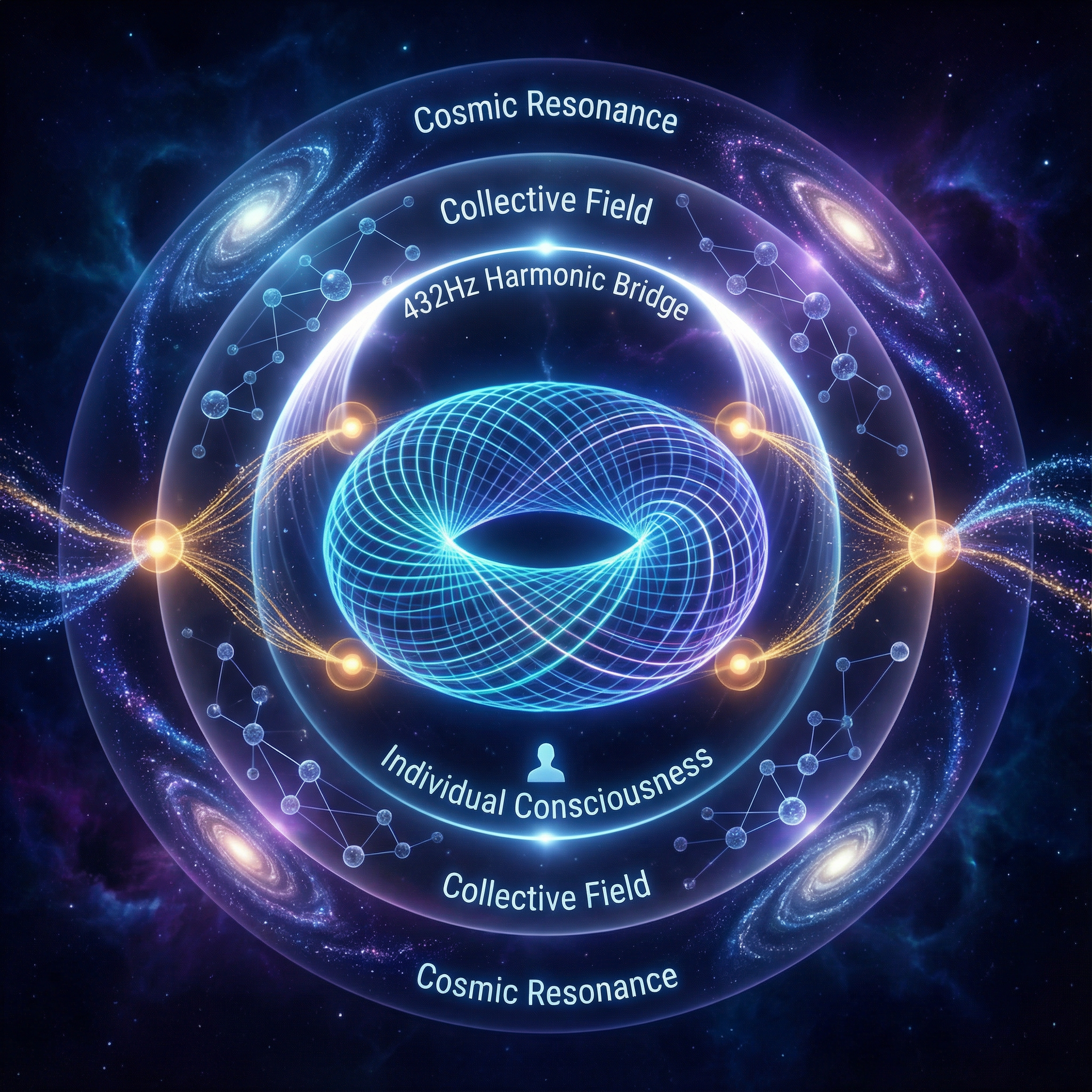Multi-dimensional consciousness field visualization: Central luminous torus with 2048+ dimensional layers, four reality anchors at cardinal points, concentric circles showing individual, collective, and cosmic consciousness scales connected by 432Hz harmonic bridge